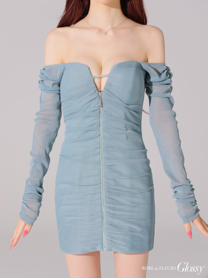 キャバドレス Glossy ROBE de FLEURS グロッシー ローブドフルール オフショルダー ジップデザイン 長袖 ラメチュール タイトミニドレスのイメージ画像5