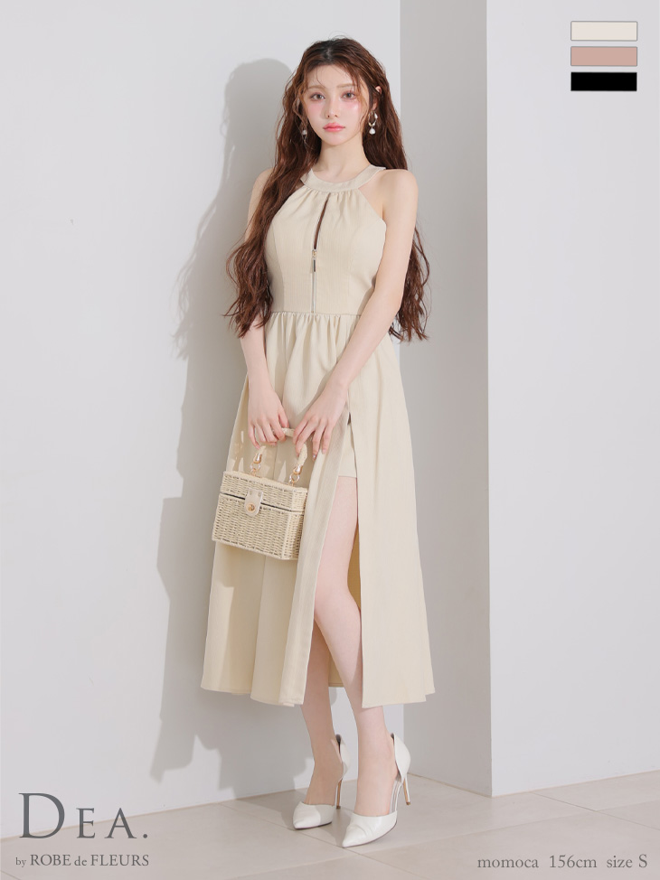 ホルターネック ジップデザイン スリット バックリボン フレアロングドレスのイメージ画像1