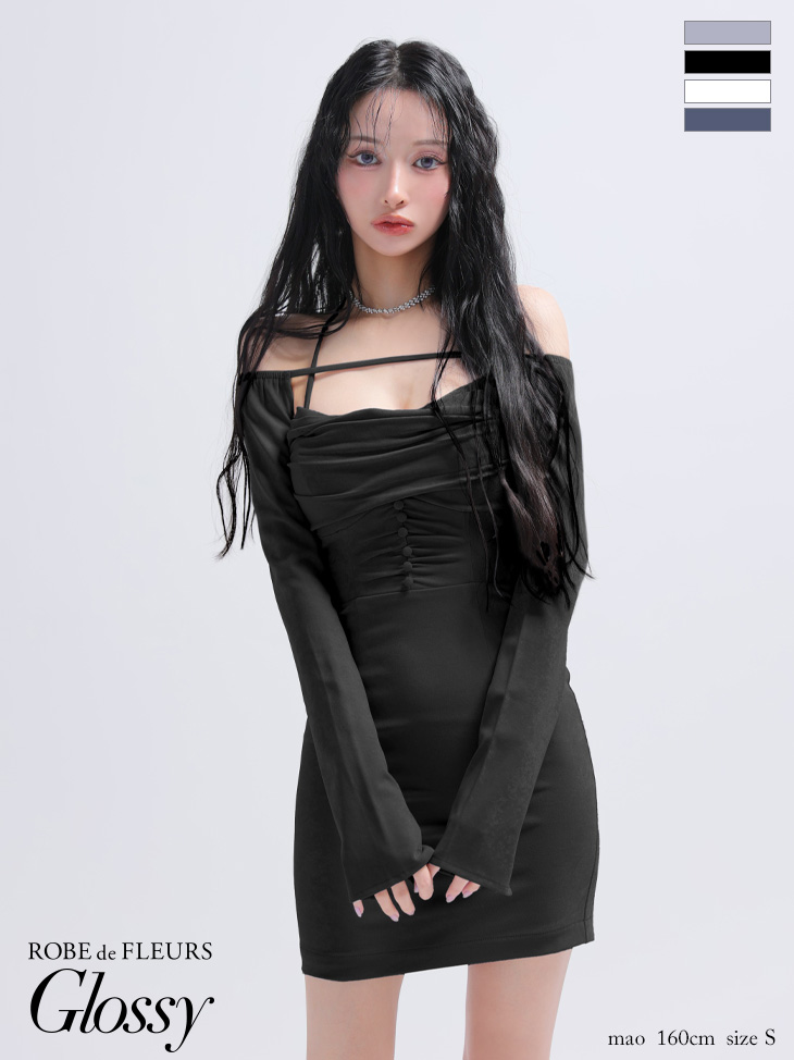 セクシー 2way ホルターネック オープンバスト スエード 長袖 ボレロ ギャザー タイトミニドレスのイメージ画像2
