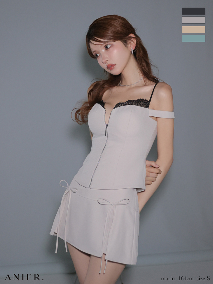 セットアップ 肩あき ジップデザイン リボン レイヤード レース タイトミニドレスのイメージ画像2