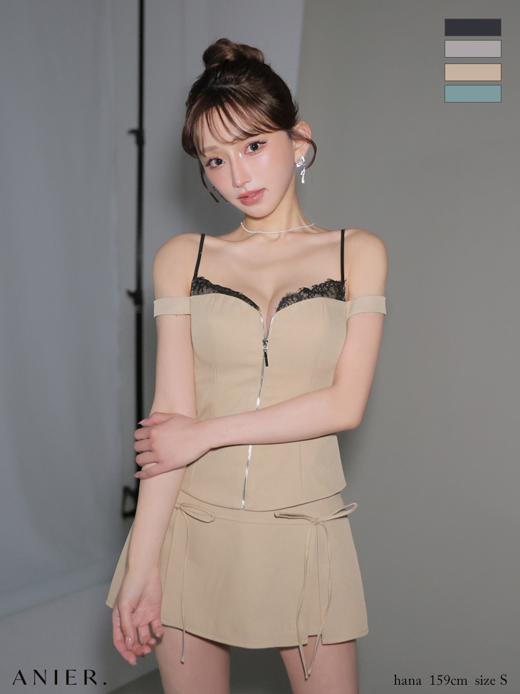 セットアップ 肩あき ジップデザイン リボン レイヤード レース タイトミニドレスのイメージ画像3