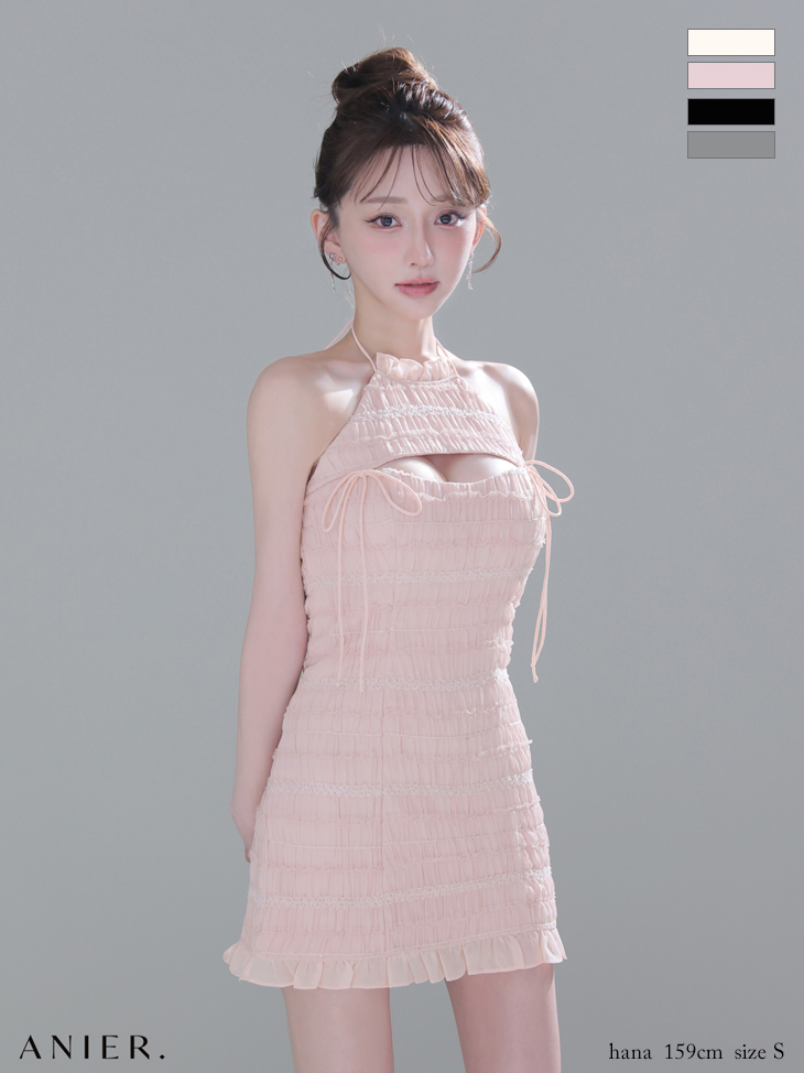 セットアップ 肩あき ジップデザイン リボン レイヤード レース タイトミニドレスのイメージ画像2