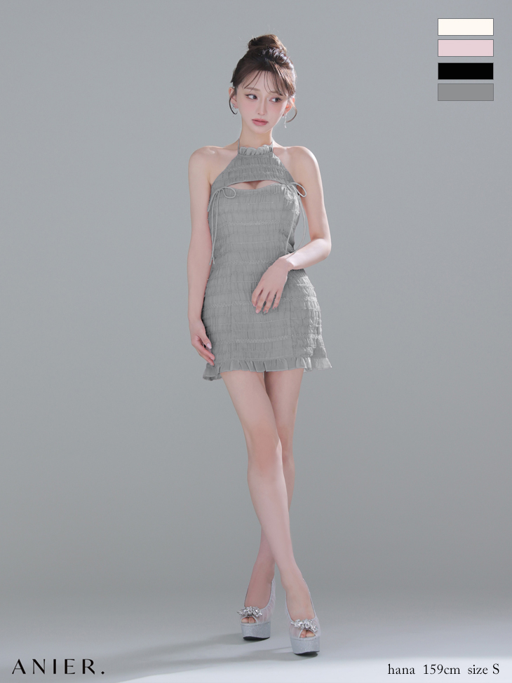 セットアップ 肩あき ジップデザイン リボン レイヤード レース タイトミニドレスのイメージ画像4