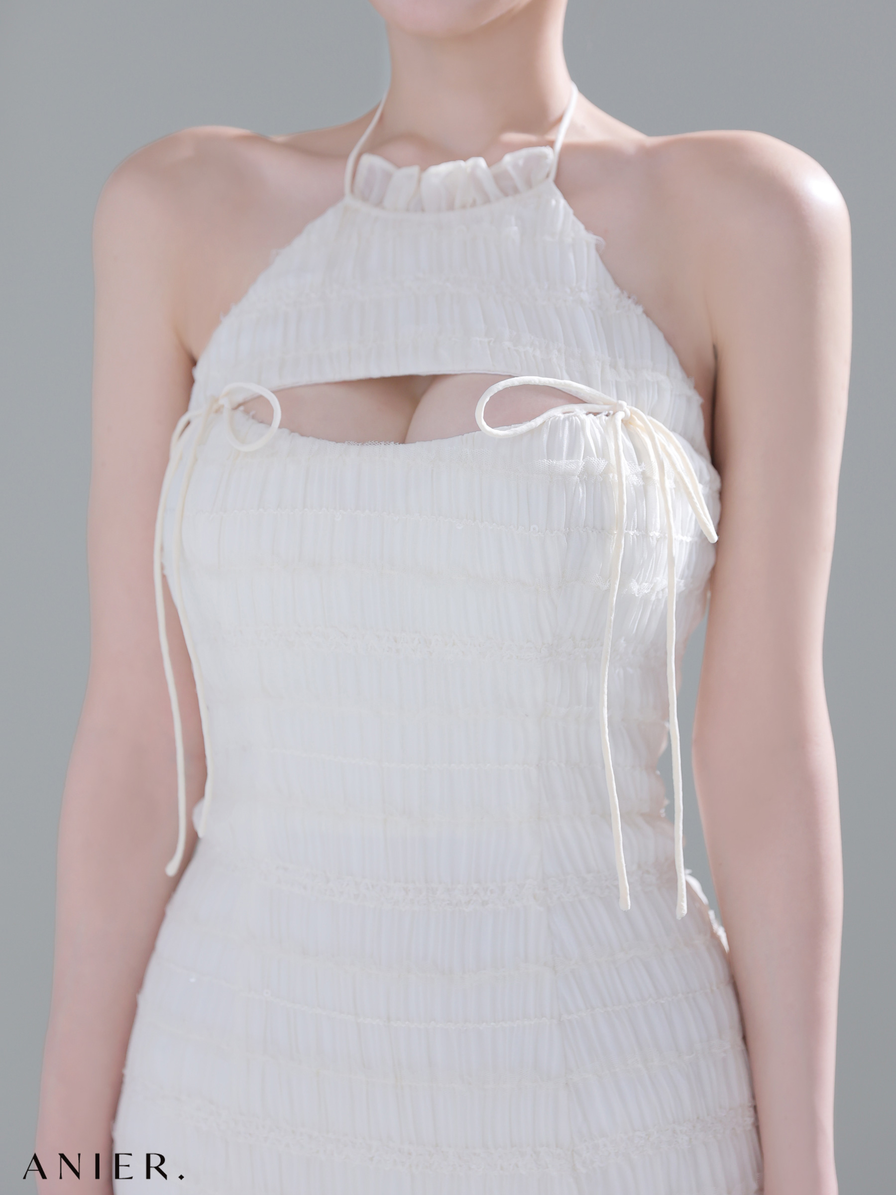 セットアップ 肩あき ジップデザイン リボン レイヤード レース タイトミニドレスのイメージ画像7