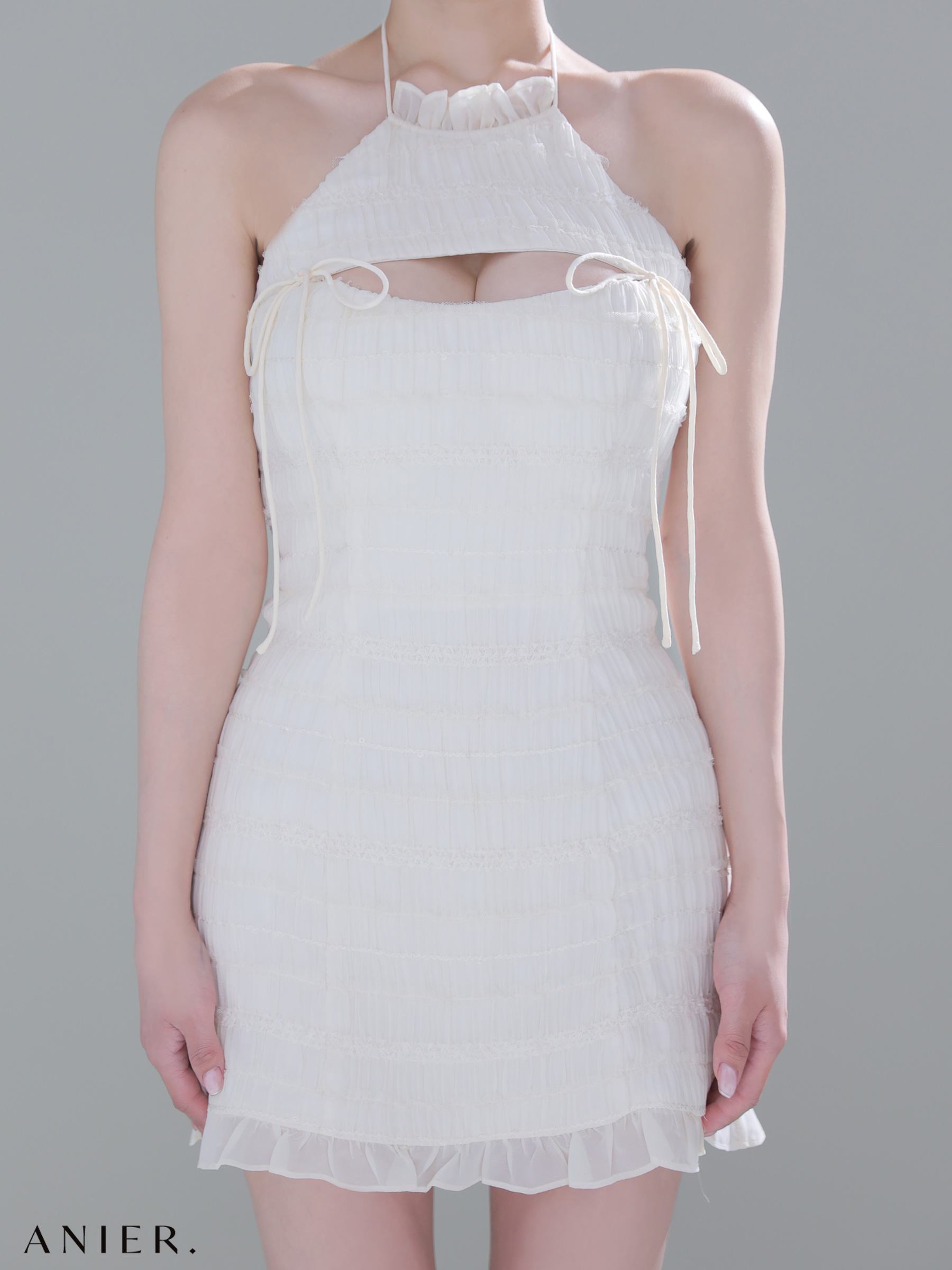 セットアップ 肩あき ジップデザイン リボン レイヤード レース タイトミニドレスのイメージ画像5