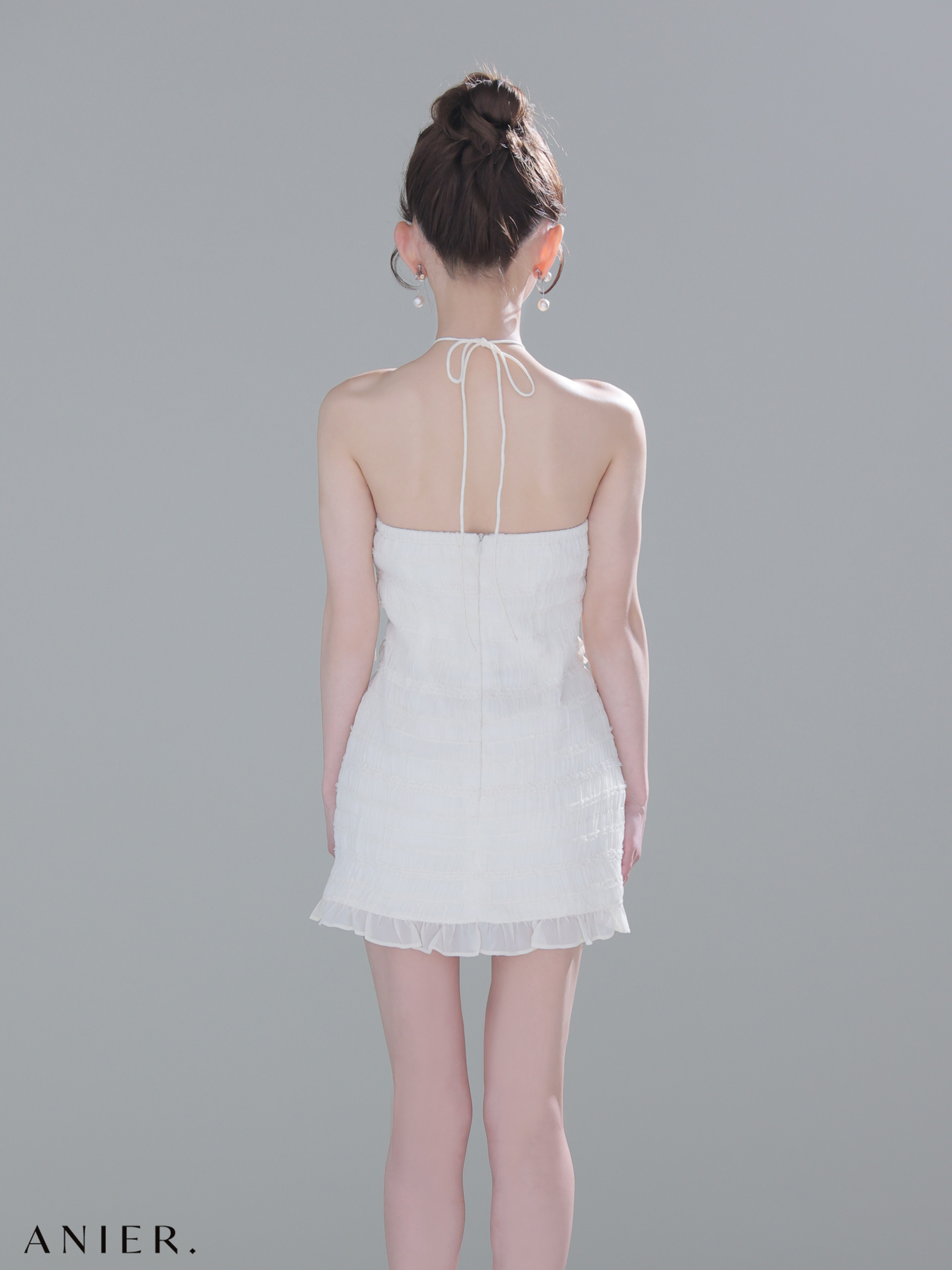 セットアップ 肩あき ジップデザイン リボン レイヤード レース タイトミニドレスのイメージ画像6