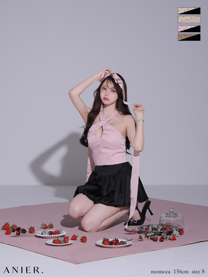 ドット柄 ホルターネック セットアップ バルーンスカート ネックリボン フレアミニドレスのイメージ画像3