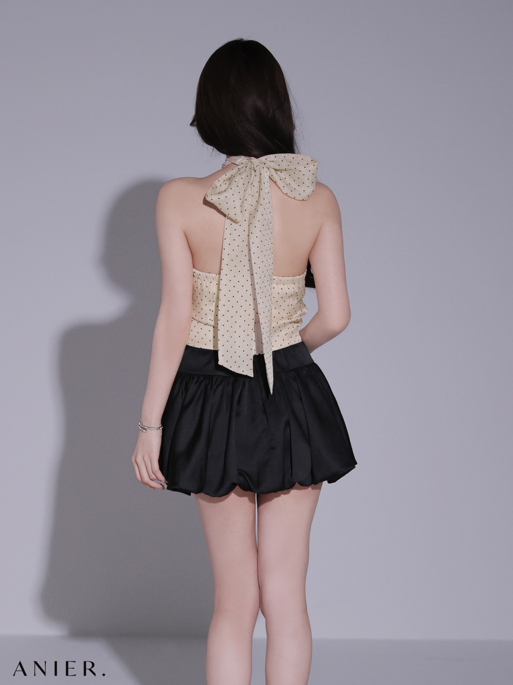 ドット柄 ホルターネック セットアップ バルーンスカート ネックリボン フレアミニドレスのイメージ画像6