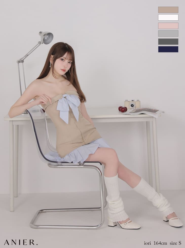 ベアトップ バストリボン ジップデザイン ストライプ柄 バイカラー プリーツスカート フレアミニドレスのイメージ画像1