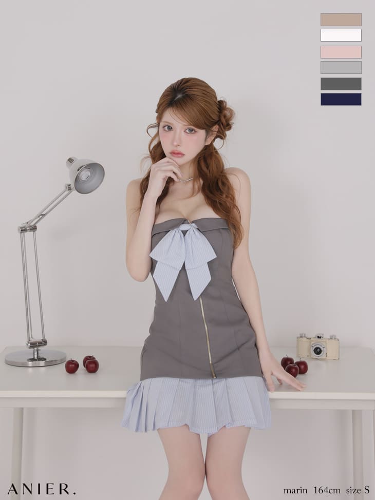 ベアトップ バストリボン ジップデザイン ストライプ柄 バイカラー プリーツスカート フレアミニドレスのイメージ画像5