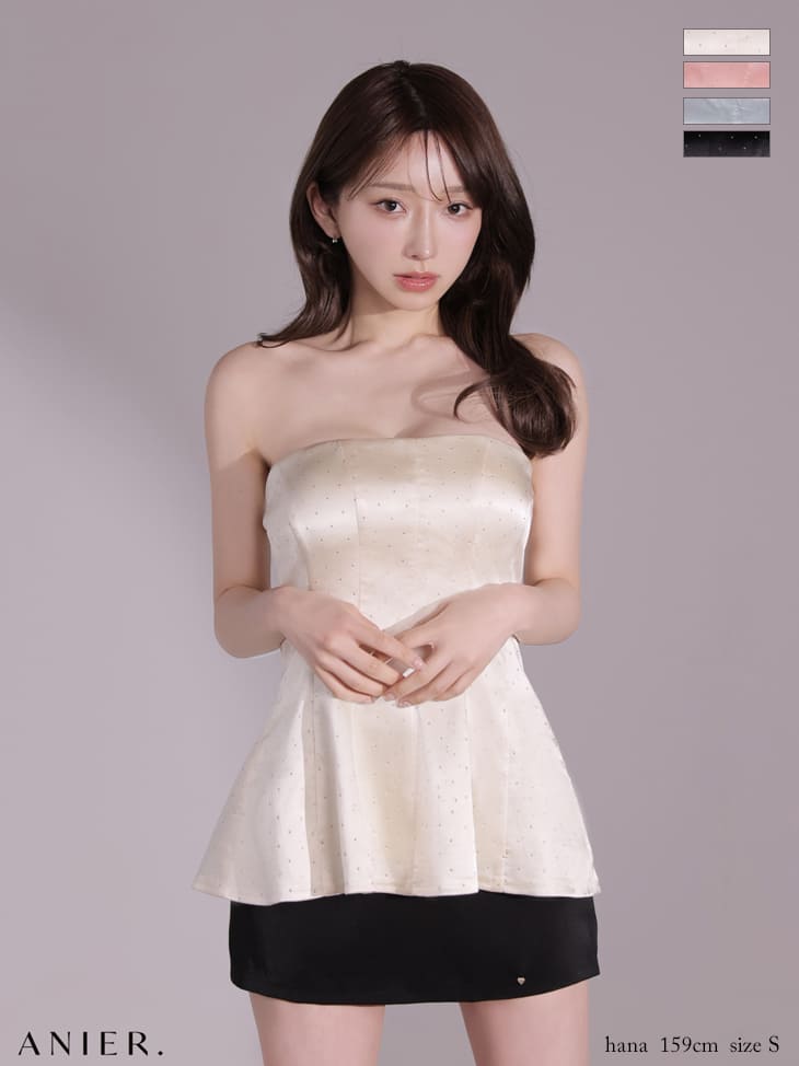 ベアトップ ビジュー サテン ペプラム バックリボン セットアップ タイトミニドレスのイメージ画像1