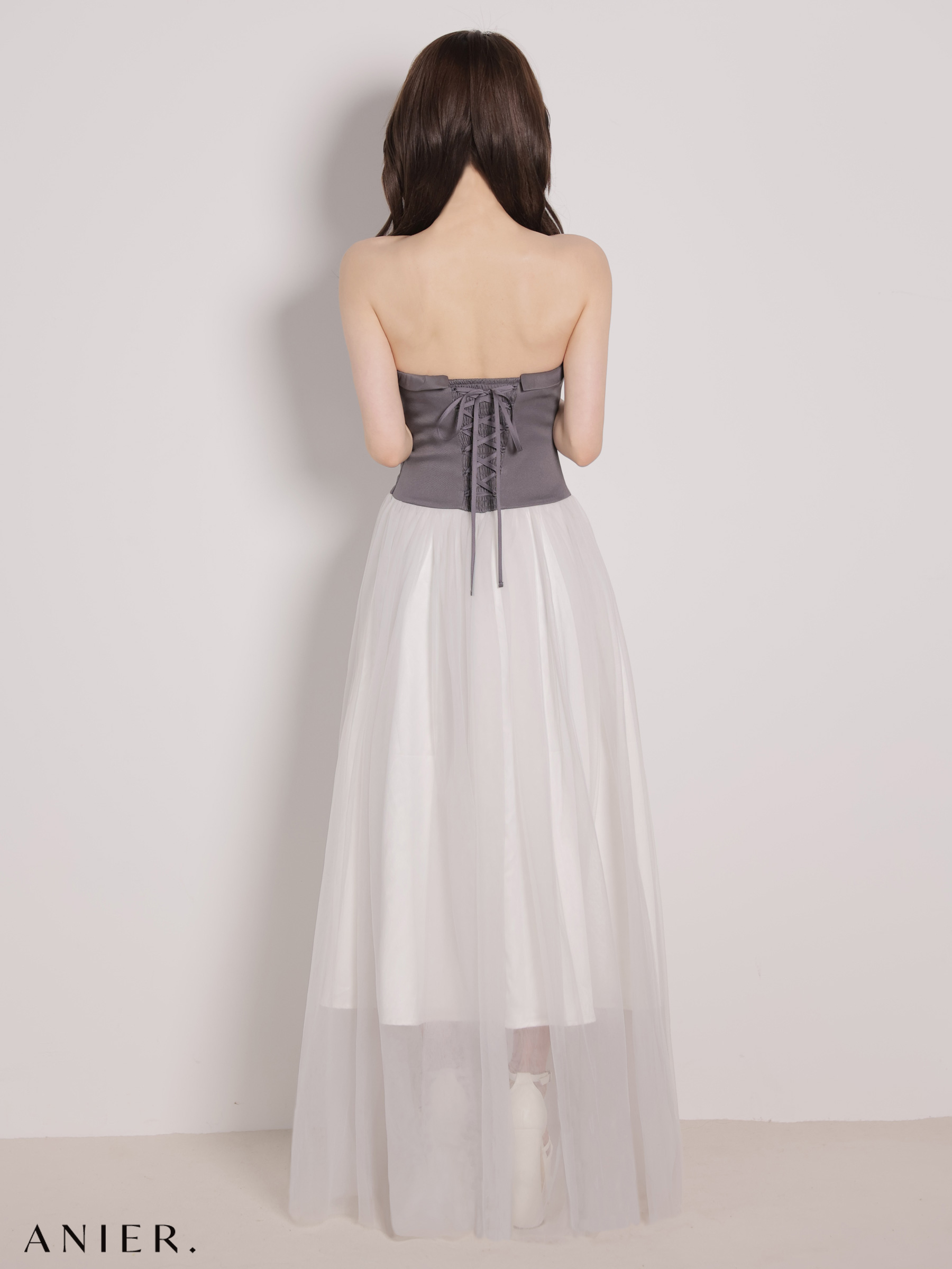 セットアップ 肩あき ジップデザイン リボン レイヤード レース タイトミニドレスのイメージ画像4