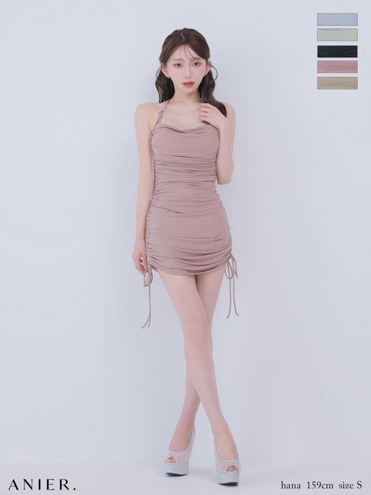 ホルターネック ドレープ サイドレースアップ ベルトデザイン シンプル バックオープン タイトミニドレス のイメージ画像4