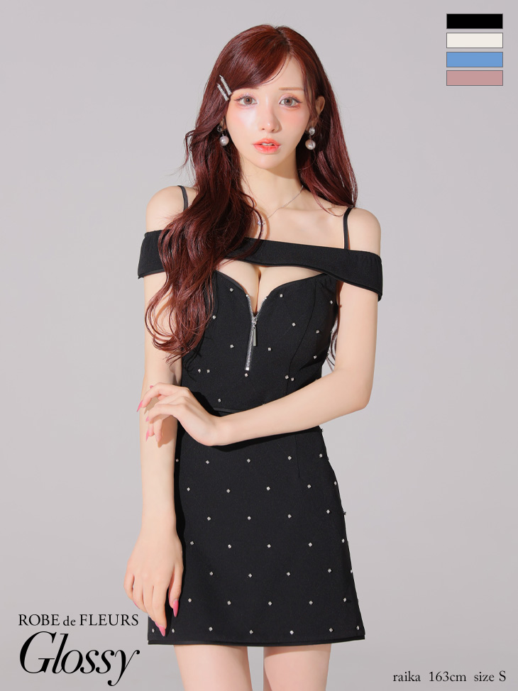 セクシー バストカット ジップデザイン 肩あき ビジュー セットアップ タイトミニドレスのイメージ画像1