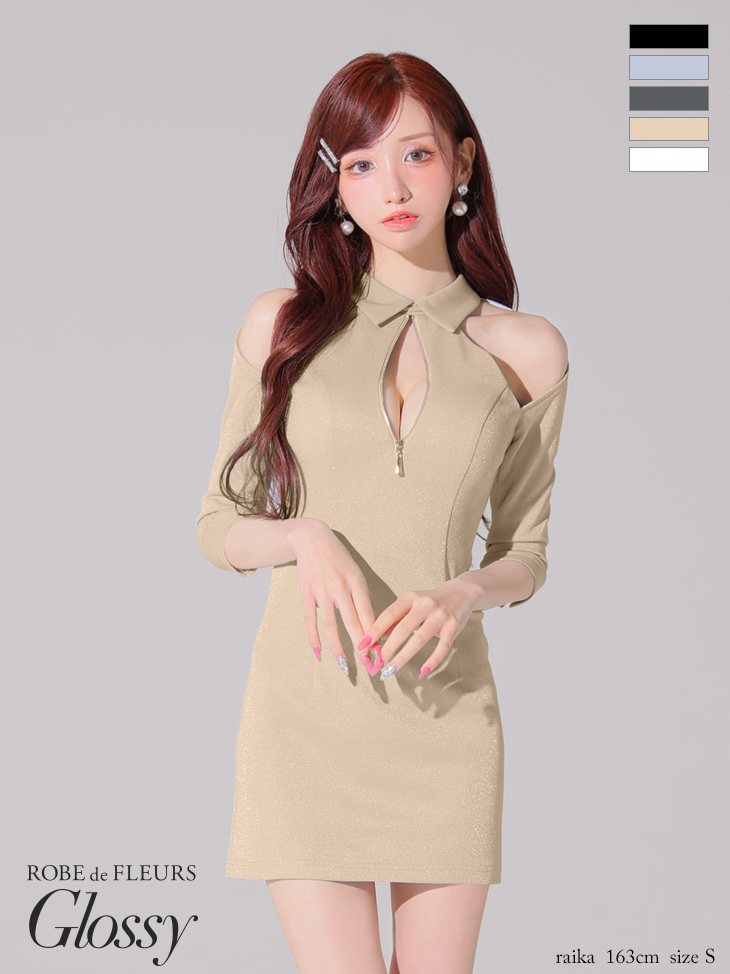 セクシー ジップデザイン 襟デザイン 肩あき 袖あり タイトミニドレスのイメージ画像4