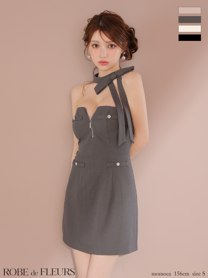 2way ホルターネック ジップデザイン ネックリボン タイトミニドレスのイメージ画像2