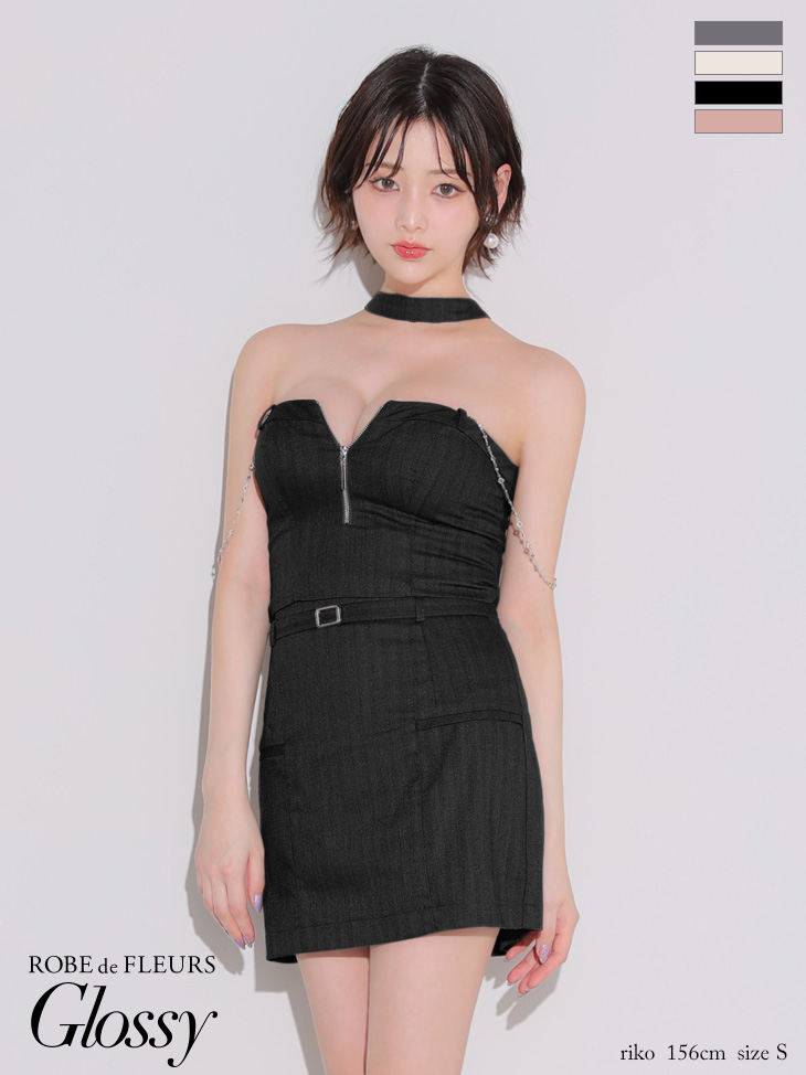 チョーカー風 ジップデザイン セットアップ チェーン セクシー タイトミニドレスのイメージ画像3