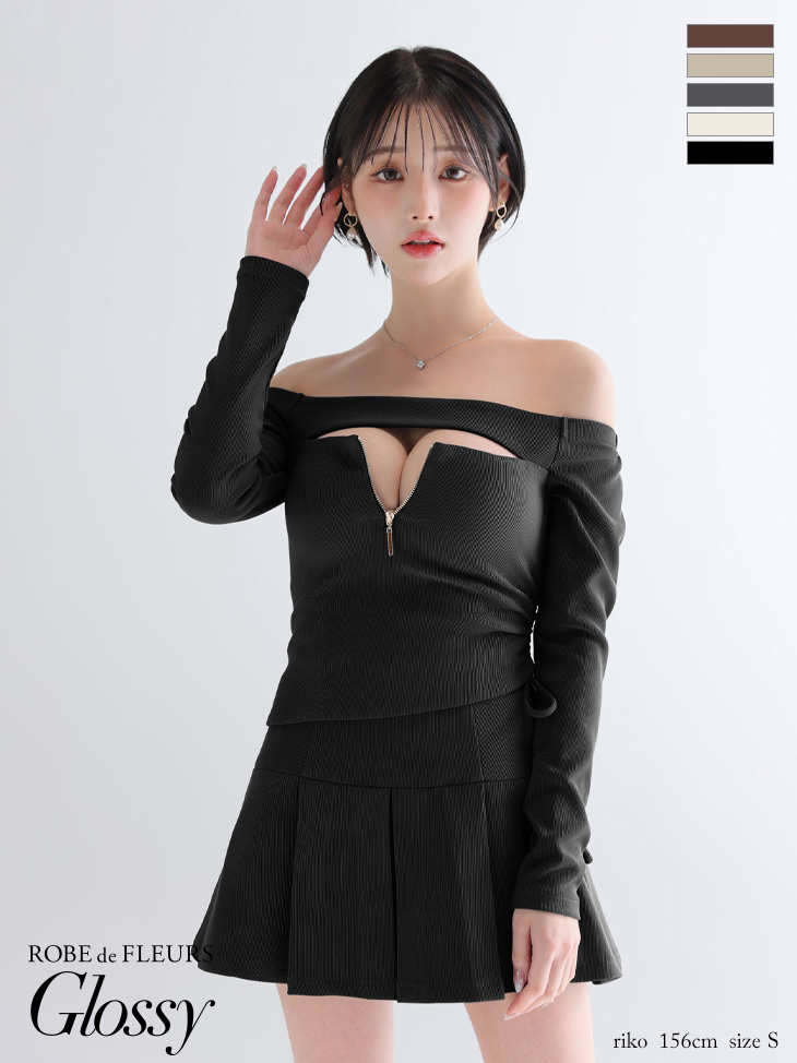 オフショルダー 長袖 セットアップ ジップデザイン バストカット リブ プリーツスカート フレアミニドレスのイメージ画像5
