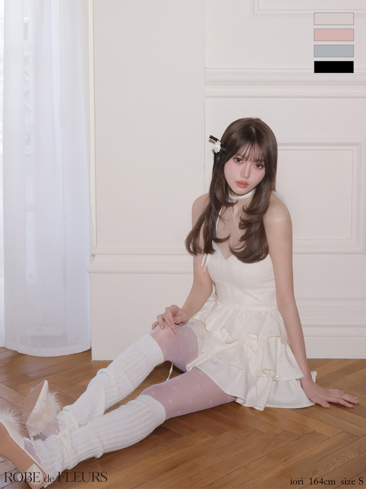  ワンショルダー ラインストーン セットアップ チュール フリル ティアード リボン フレアミニドレスのイメージ画像2