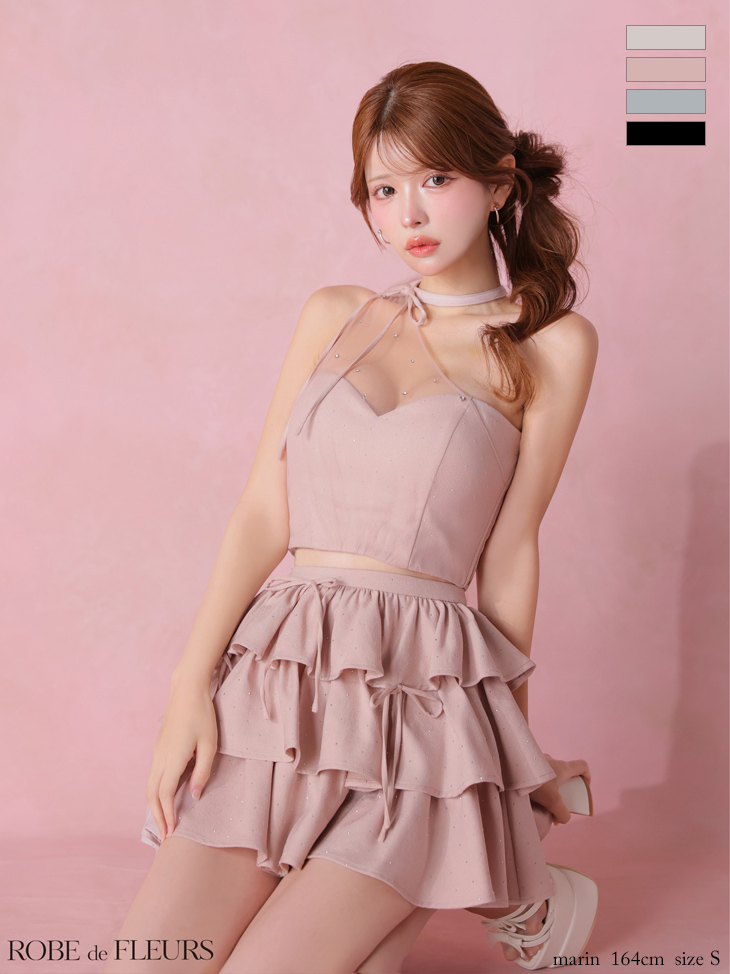  ワンショルダー ラインストーン セットアップ チュール フリル ティアード リボン フレアミニドレスのイメージ画像3