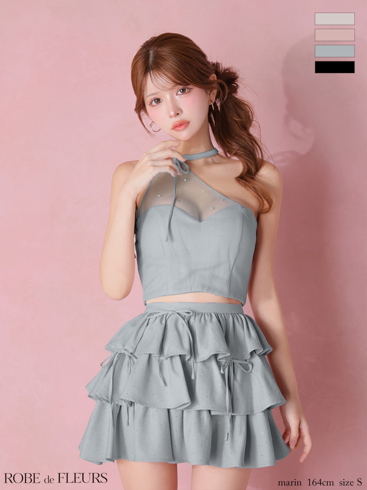  ワンショルダー ラインストーン セットアップ チュール フリル ティアード リボン フレアミニドレスのイメージ画像4