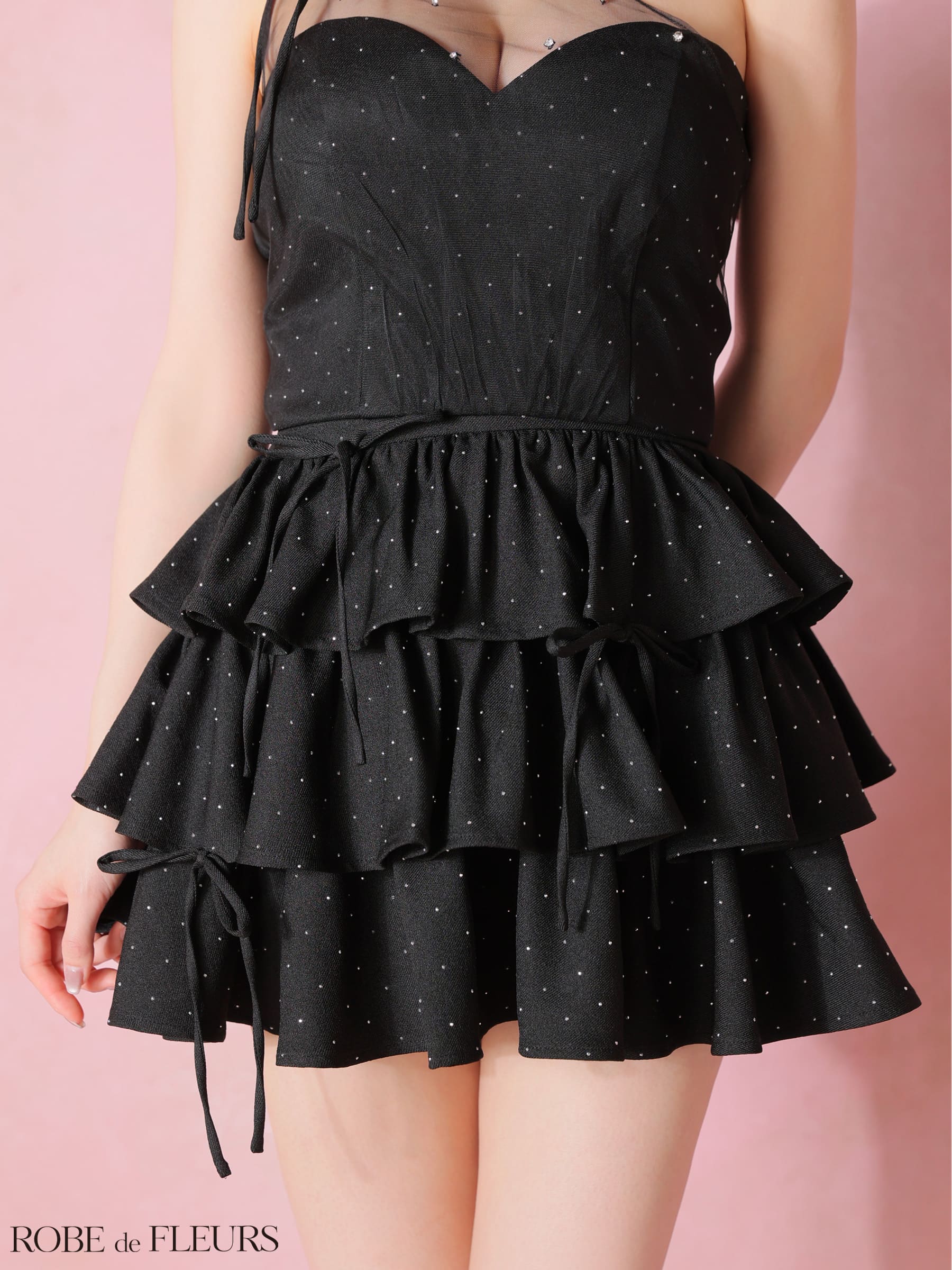  ワンショルダー ラインストーン セットアップ チュール フリル ティアード リボン フレアミニドレスのイメージ画像10