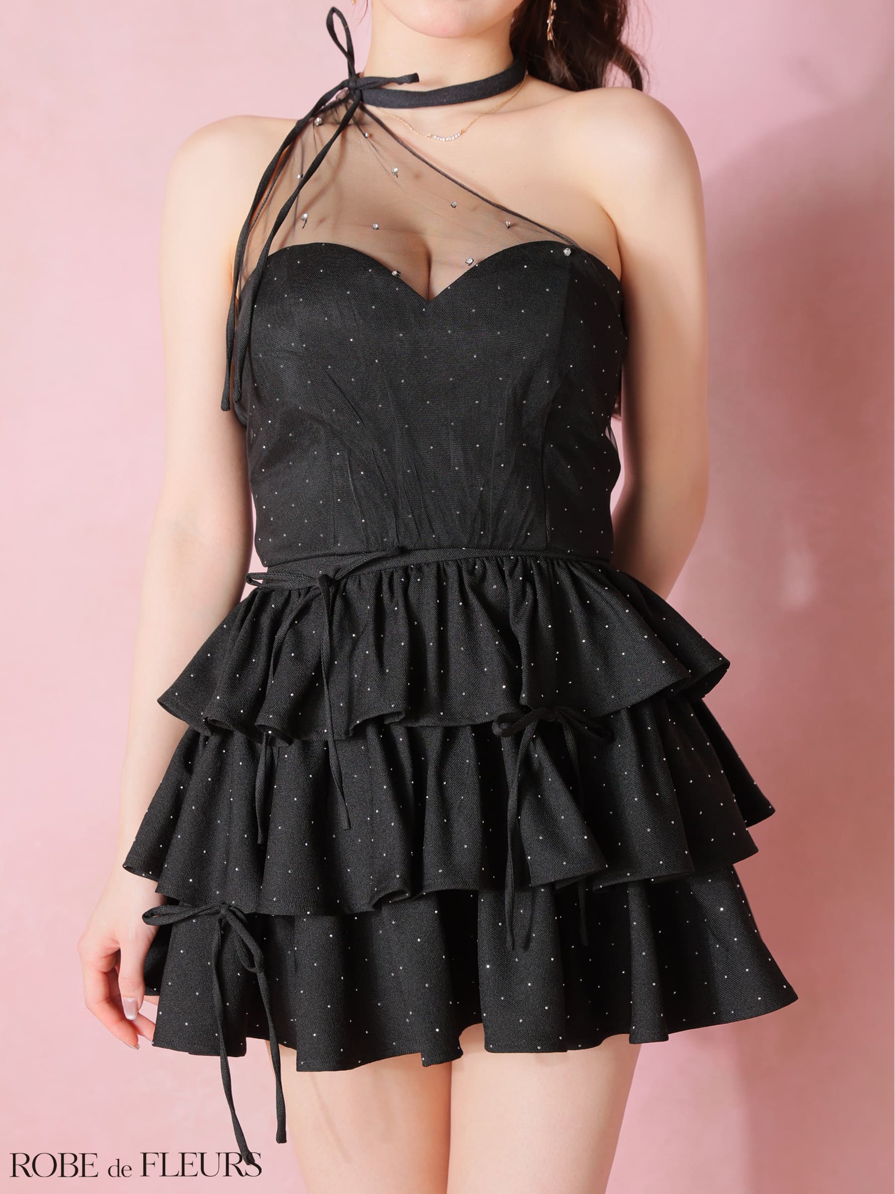  ワンショルダー ラインストーン セットアップ チュール フリル ティアード リボン フレアミニドレスのイメージ画像6