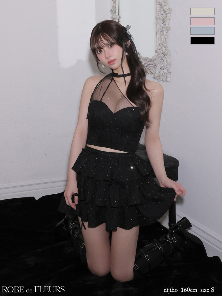  ワンショルダー ラインストーン セットアップ チュール フリル ティアード リボン フレアミニドレスのイメージ画像5