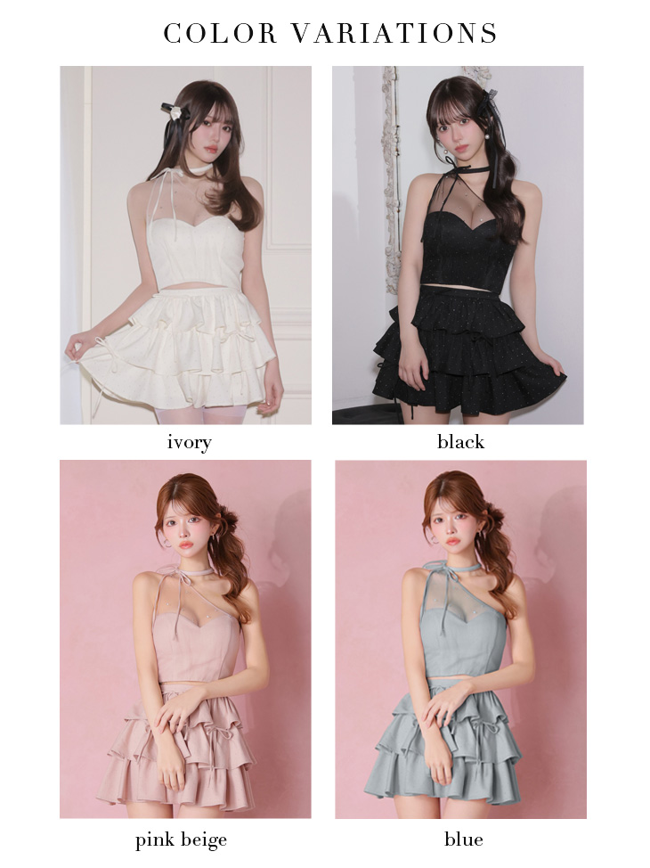  ワンショルダー ラインストーン セットアップ チュール フリル ティアード リボン フレアミニドレスのイメージ画像8