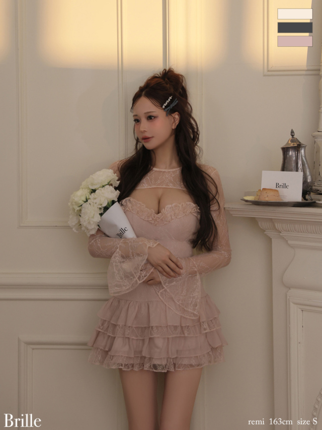 ボレロ 長袖 オープンバスト レース シフォン ティアードフリル フレアミニドレスのイメージ画像3