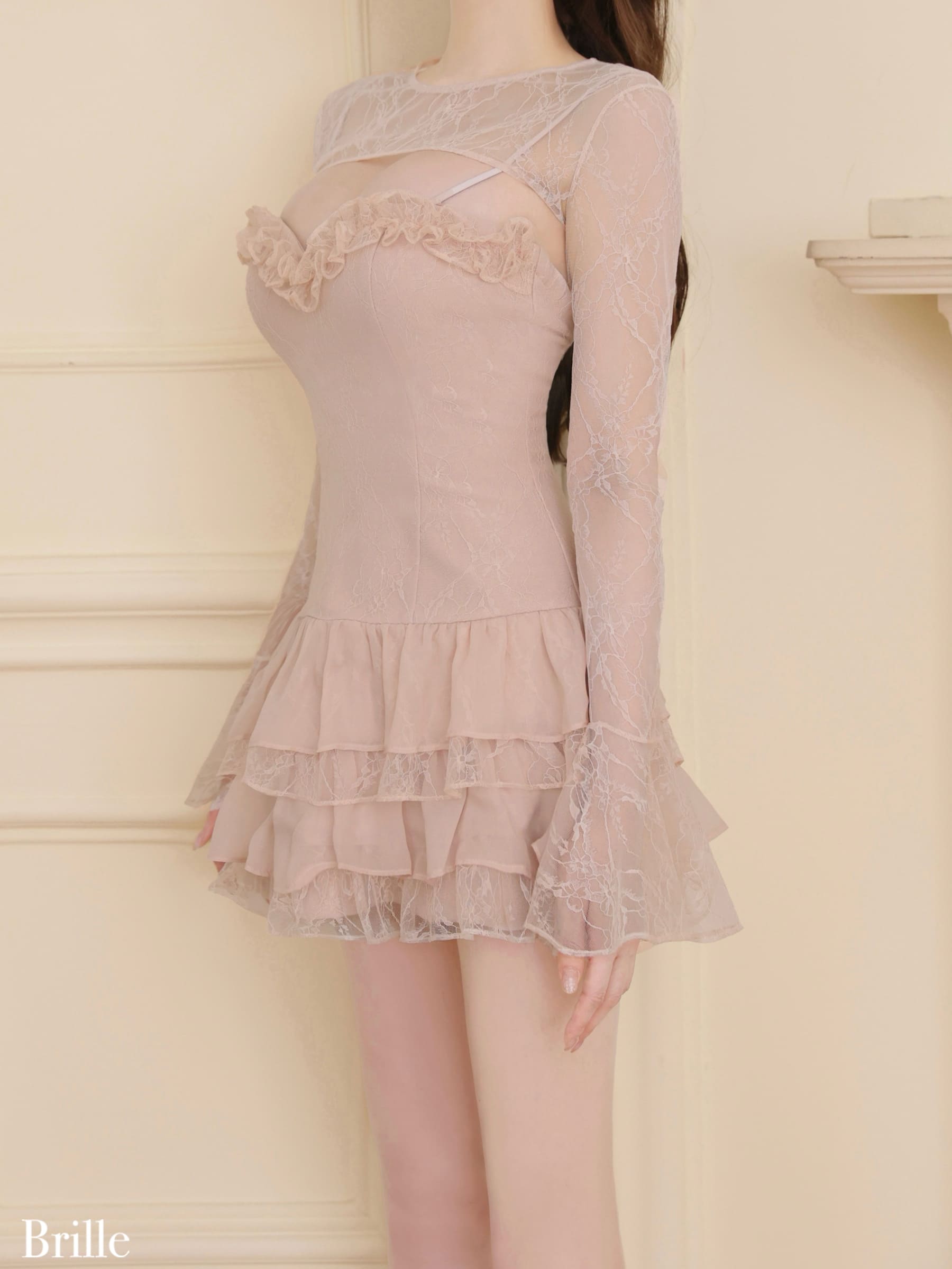 ボレロ 長袖 オープンバスト レース シフォン ティアードフリル フレアミニドレスのイメージ画像5
