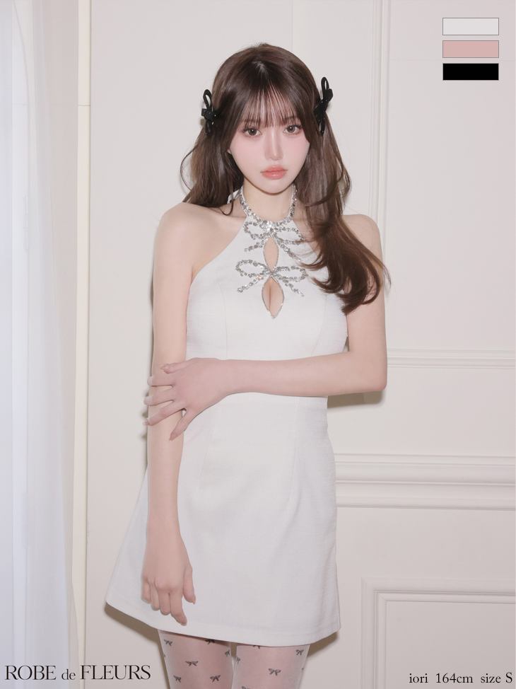 ホルターネック ビジュー リボン バックオープン ツイード タイトミニドレスのイメージ画像1