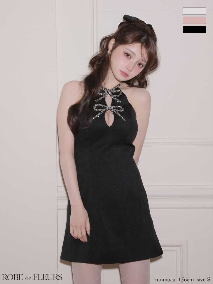 ホルターネック ビジュー リボン バックオープン ツイード タイトミニドレスのイメージ画像3