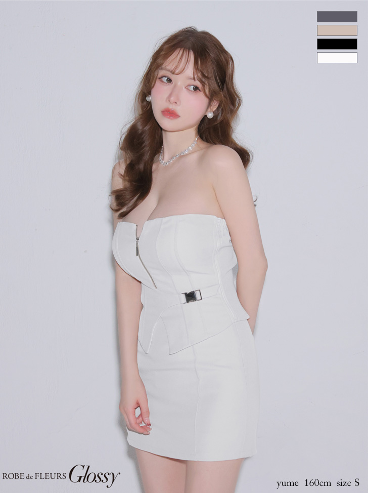 ベア 2way キャミソール ジップデザイン セットアップ サイドベルト セクシー タイトミニドレスのイメージ画像4