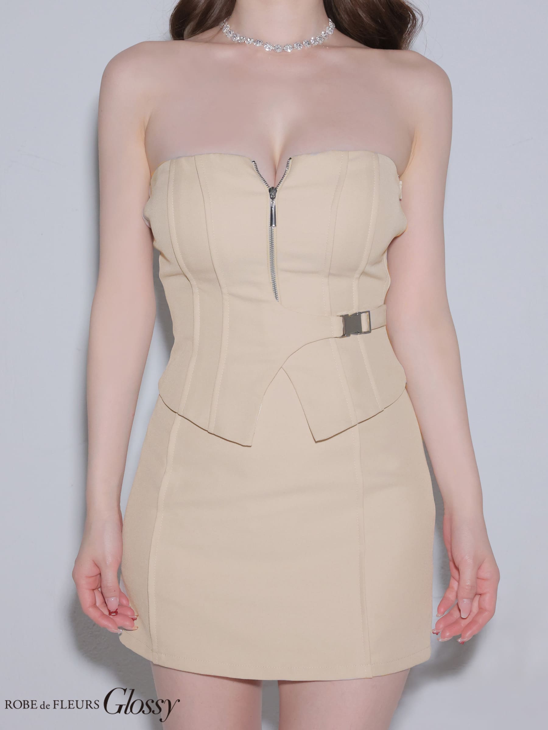 ベア 2way キャミソール ジップデザイン セットアップ サイドベルト セクシー タイトミニドレスのイメージ画像5