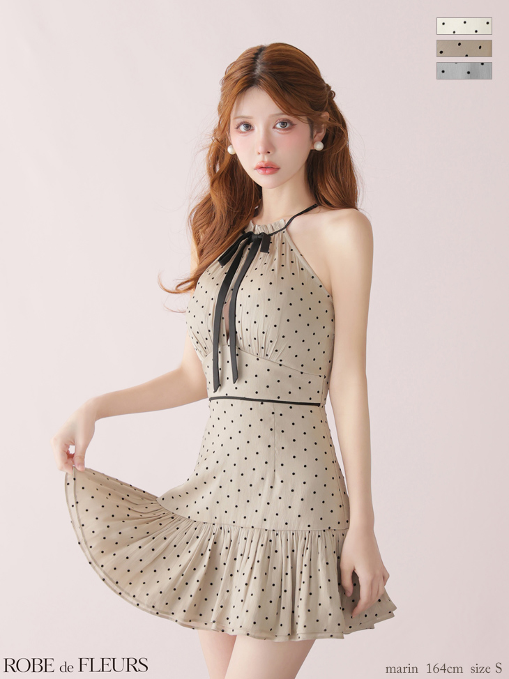 ドット柄 ホルターネック リボン オーガンジー ガーリー フレアミニドレスのイメージ画像2