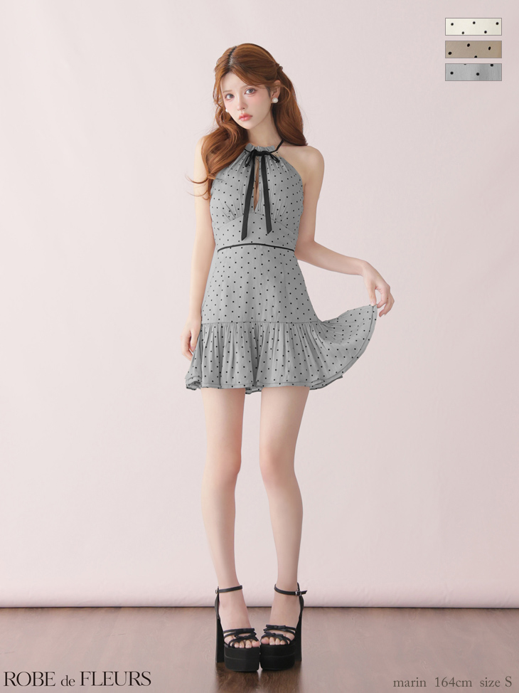 ドット柄 ホルターネック リボン オーガンジー ガーリー フレアミニドレスのイメージ画像3