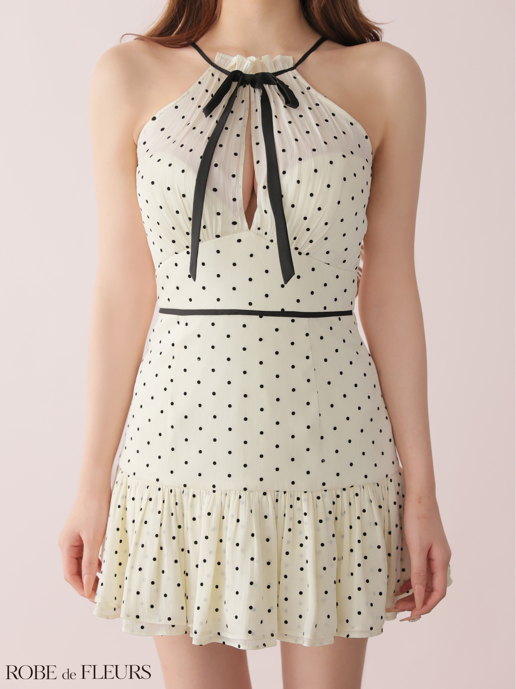 ドット柄 ホルターネック リボン オーガンジー ガーリー フレアミニドレスのイメージ画像4