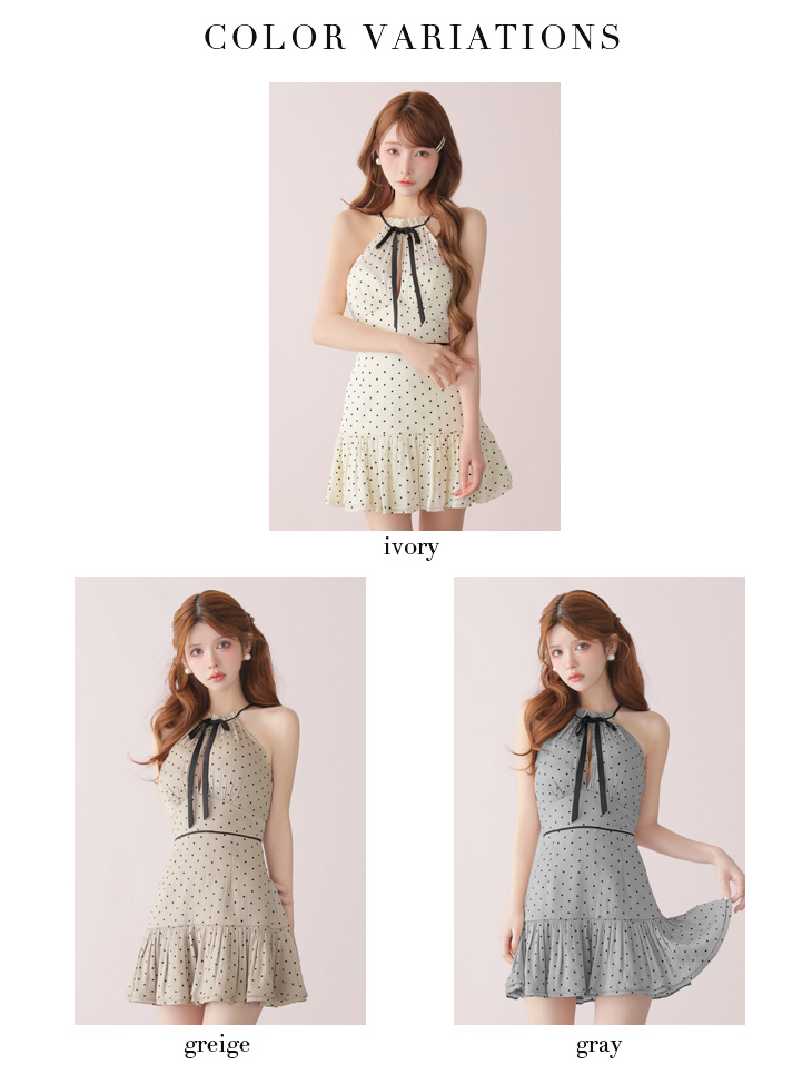 ドット柄 ホルターネック リボン オーガンジー ガーリー フレアミニドレスのイメージ画像6