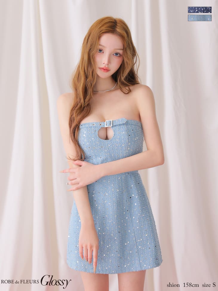 ベア バストカット ベルトデザイン スパンコール デニム タイトミニドレスのイメージ画像2