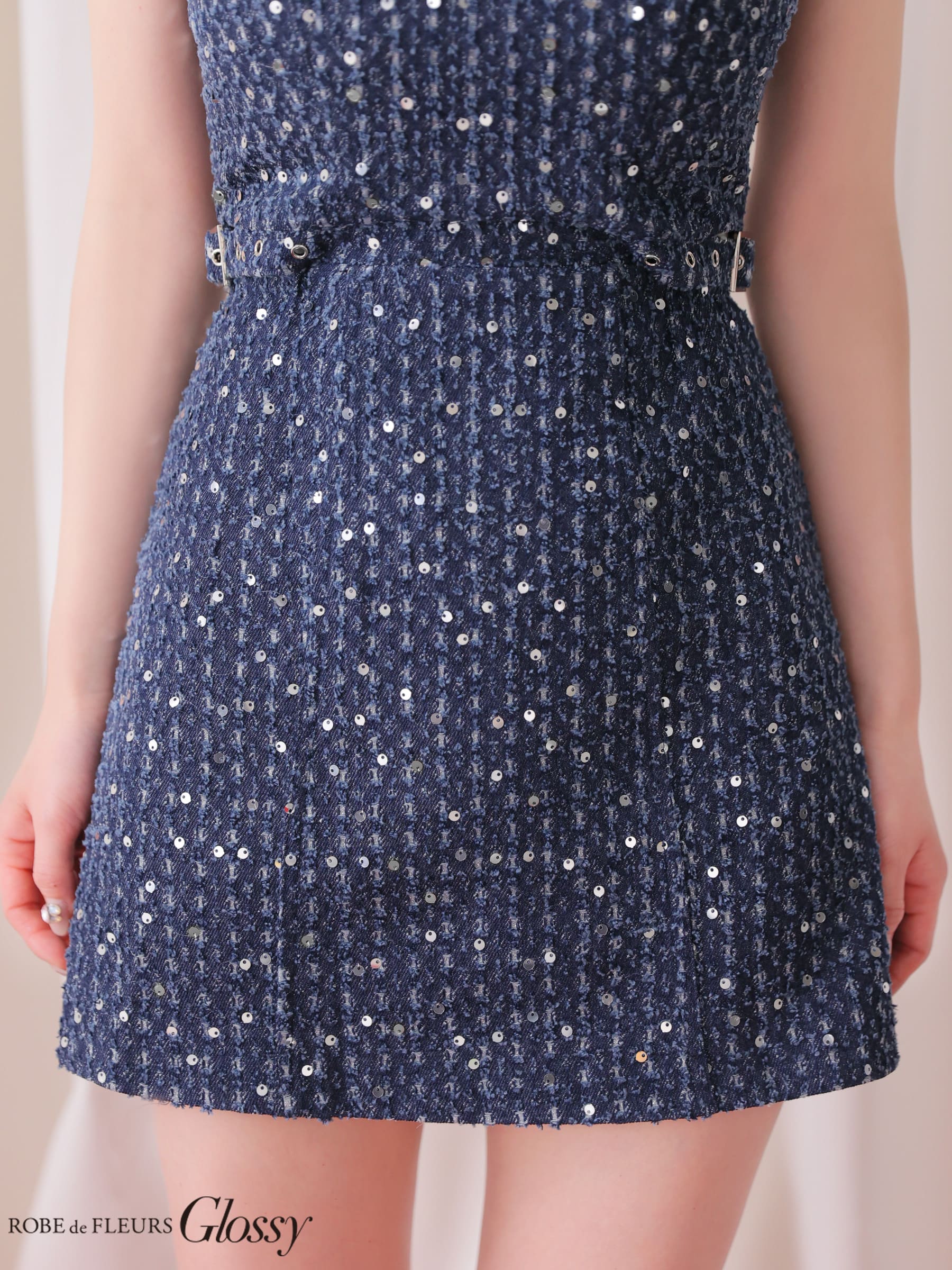 ベア バストカット ベルトデザイン スパンコール デニム タイトミニドレスのイメージ画像7