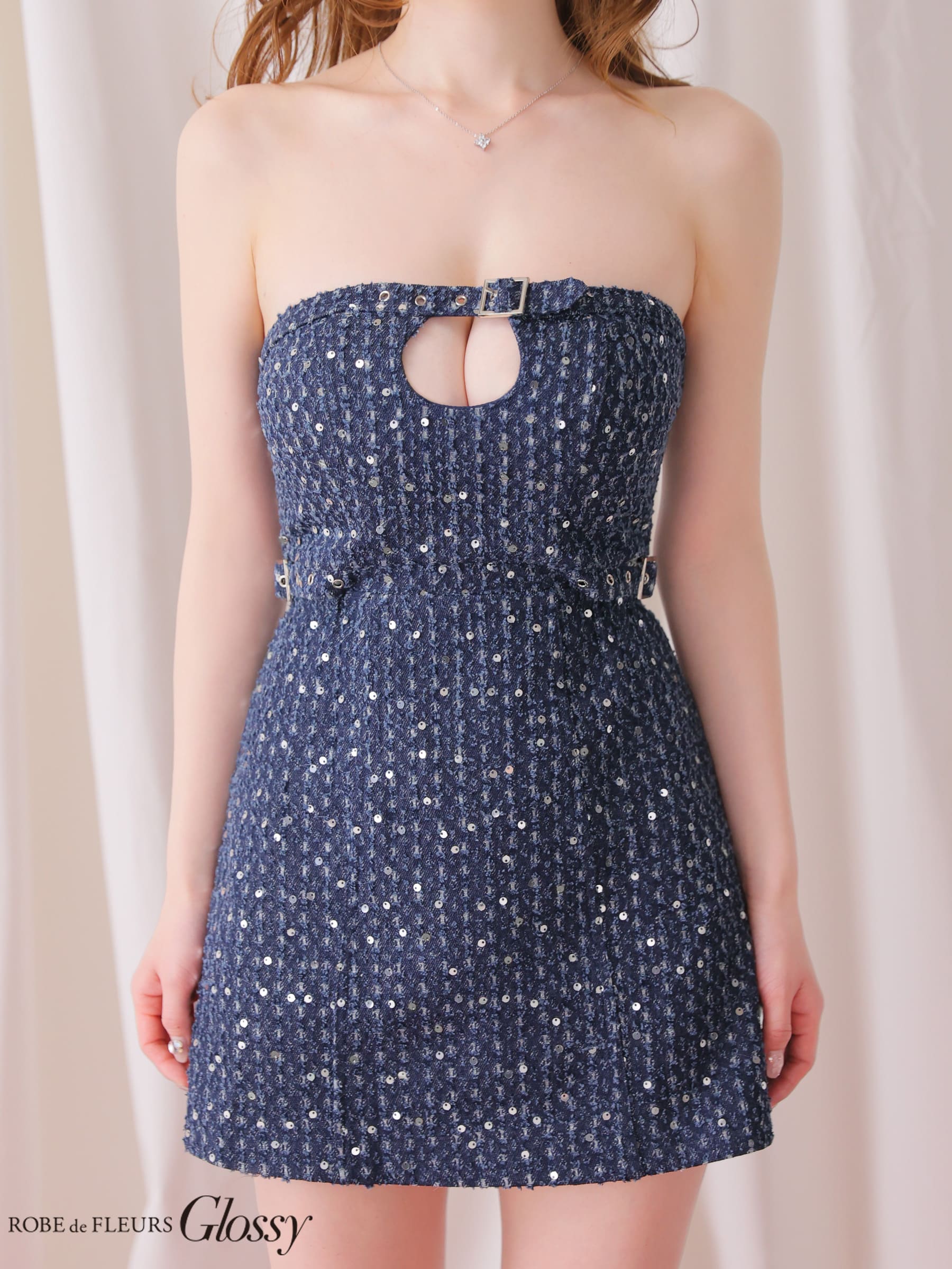 ベア バストカット ベルトデザイン スパンコール デニム タイトミニドレスのイメージ画像3