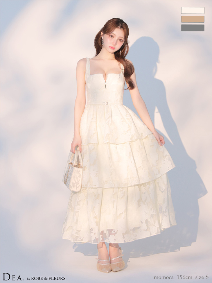 ノースリーブ オーガンジ ティアード ジップデザイン ウエストベルト フラワー フレアロングドレスのイメージ画像1