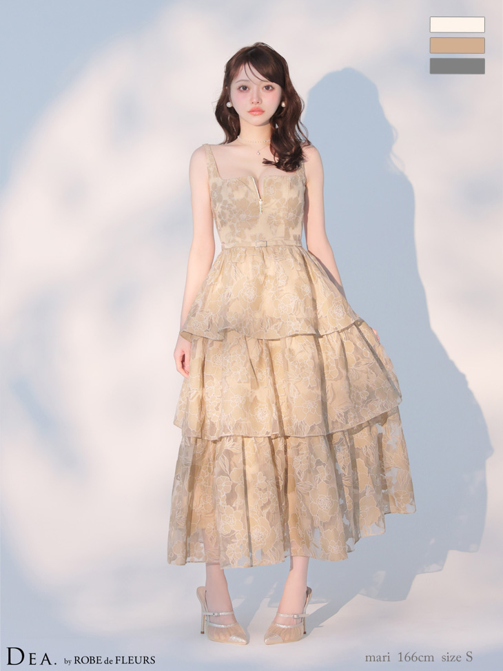 ノースリーブ オーガンジ ティアード ジップデザイン ウエストベルト フラワー フレアロングドレスのイメージ画像2