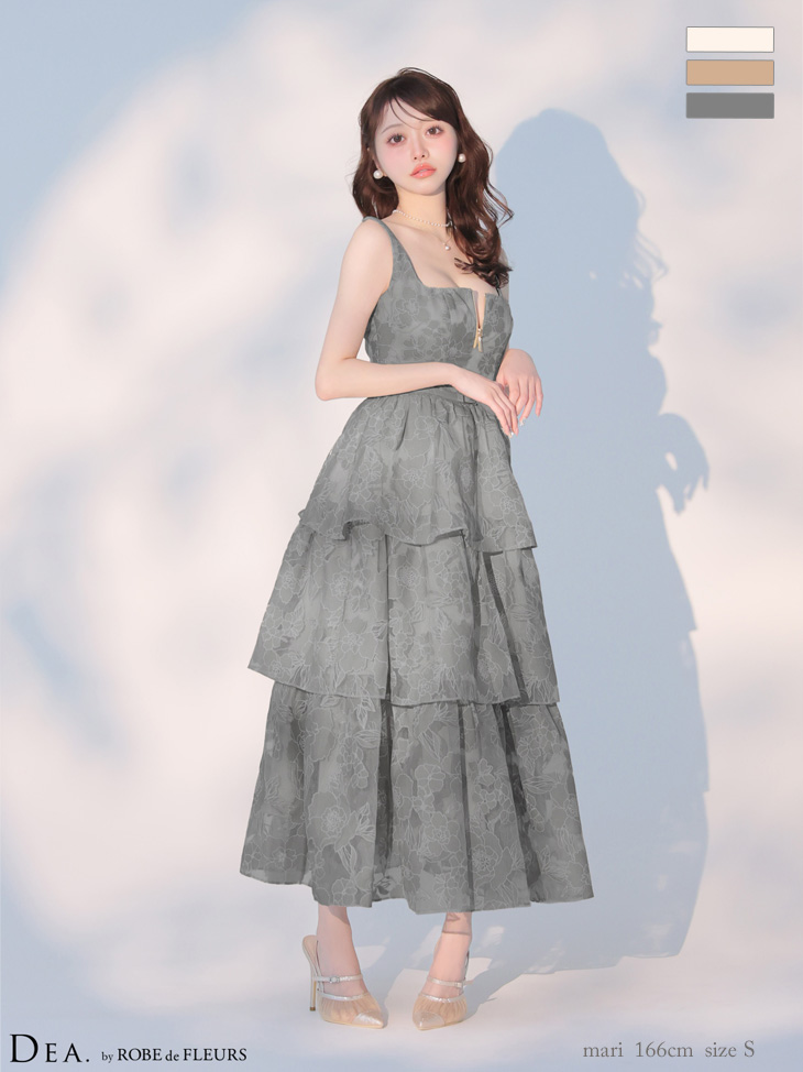 ノースリーブ オーガンジ ティアード ジップデザイン ウエストベルト フラワー フレアロングドレスのイメージ画像3