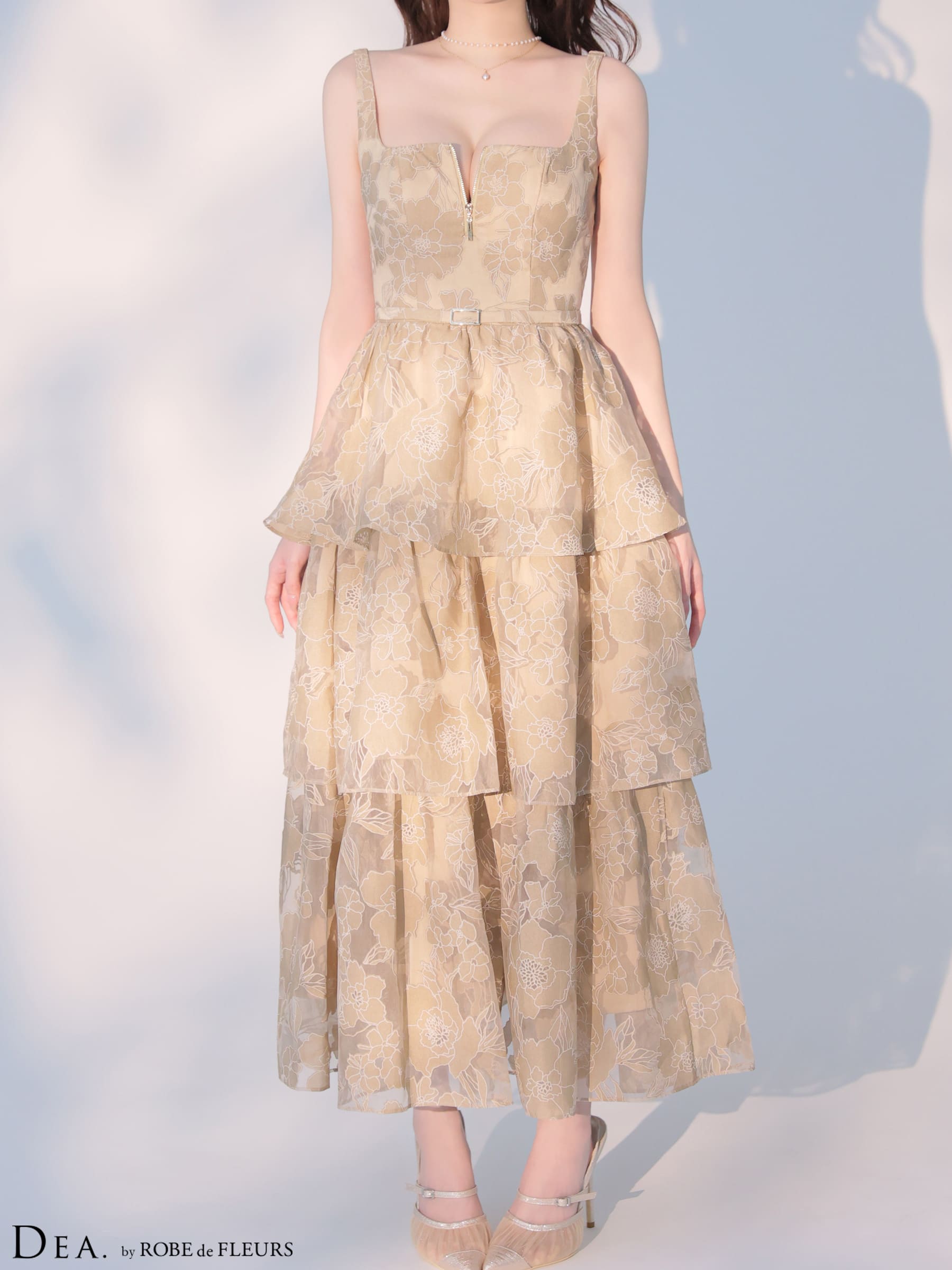 ノースリーブ オーガンジ ティアード ジップデザイン ウエストベルト フラワー フレアロングドレスのイメージ画像4