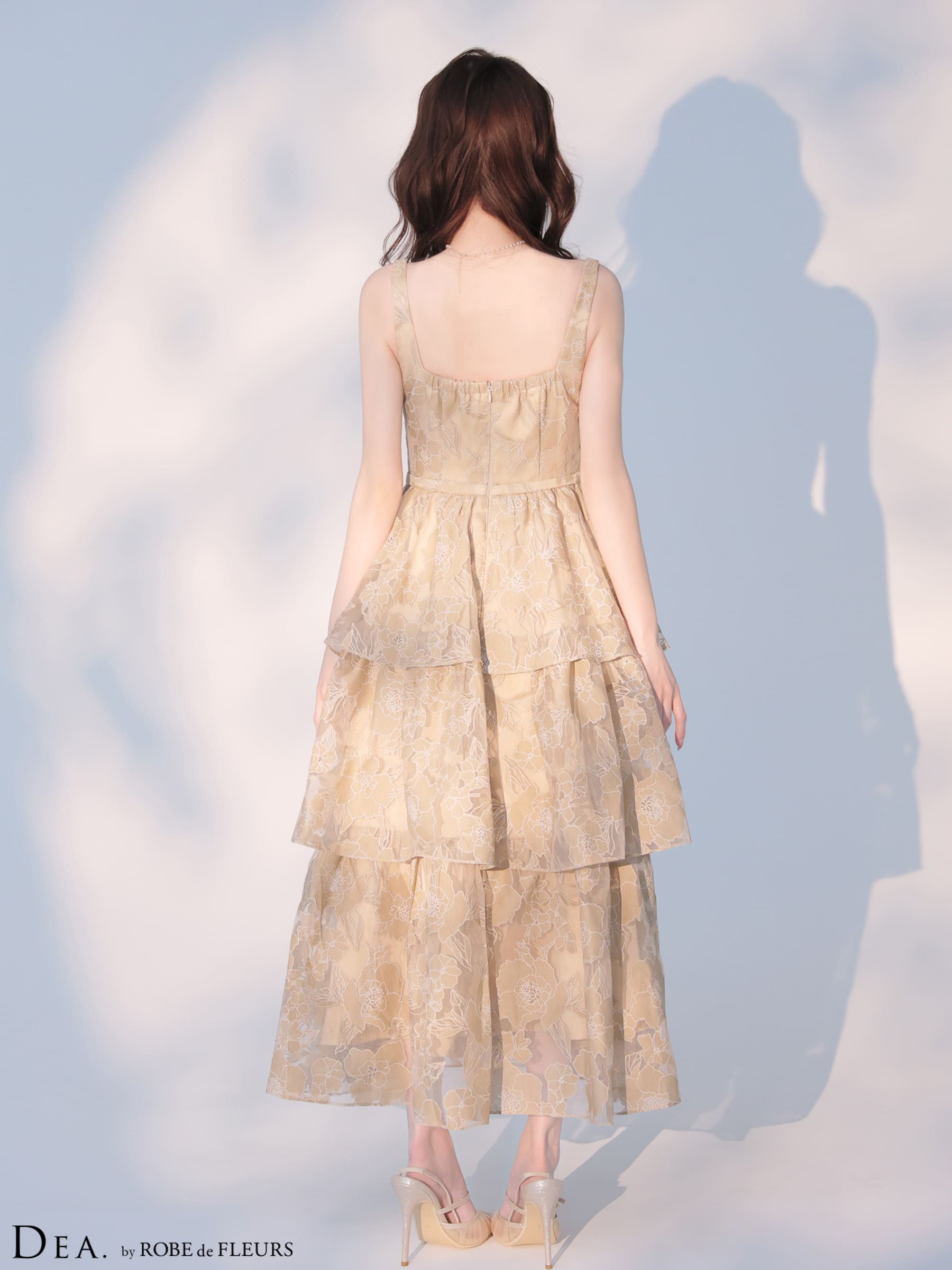 ノースリーブ オーガンジ ティアード ジップデザイン ウエストベルト フラワー フレアロングドレスのイメージ画像5