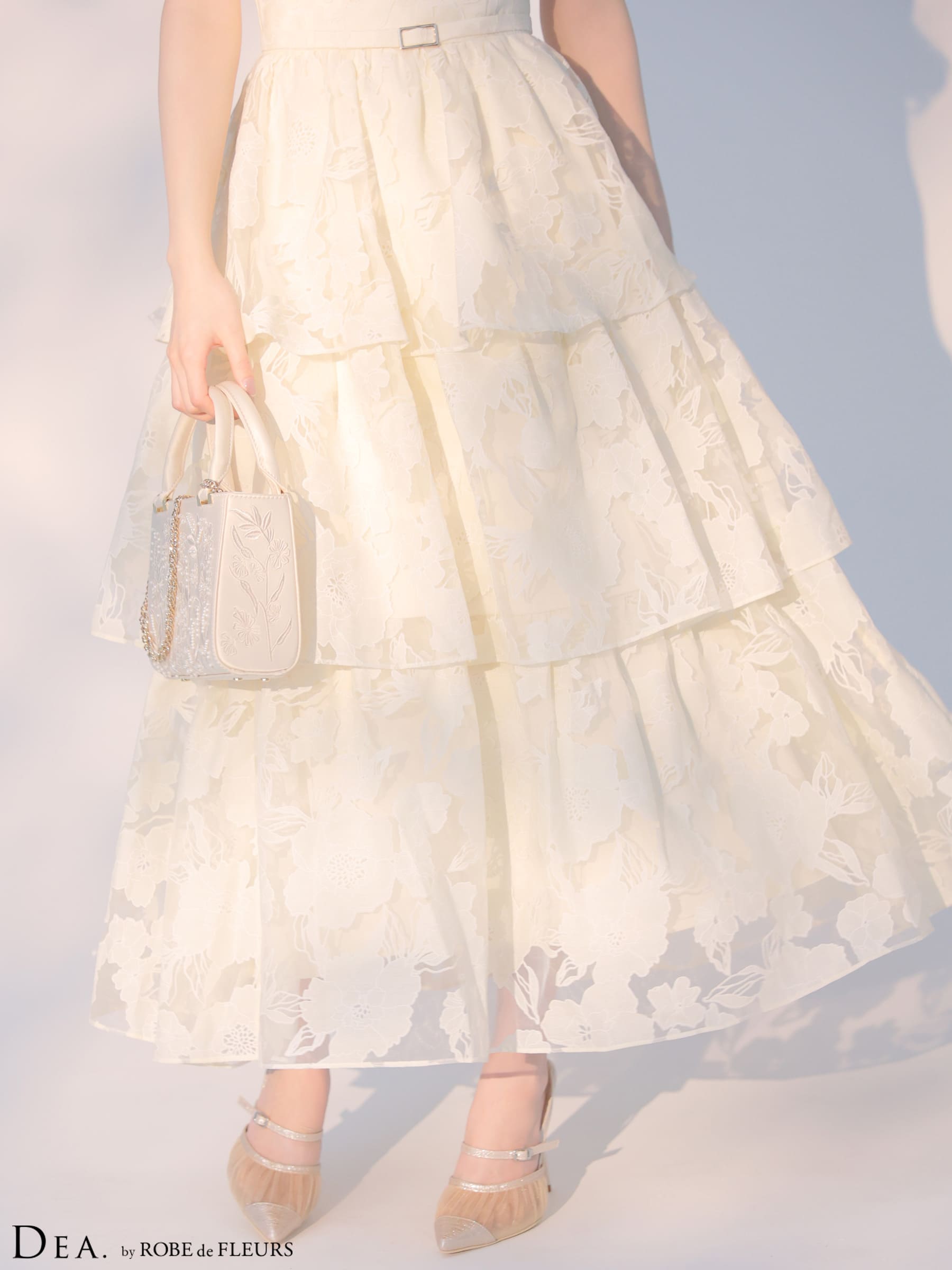 ノースリーブ オーガンジ ティアード ジップデザイン ウエストベルト フラワー フレアロングドレスのイメージ画像9