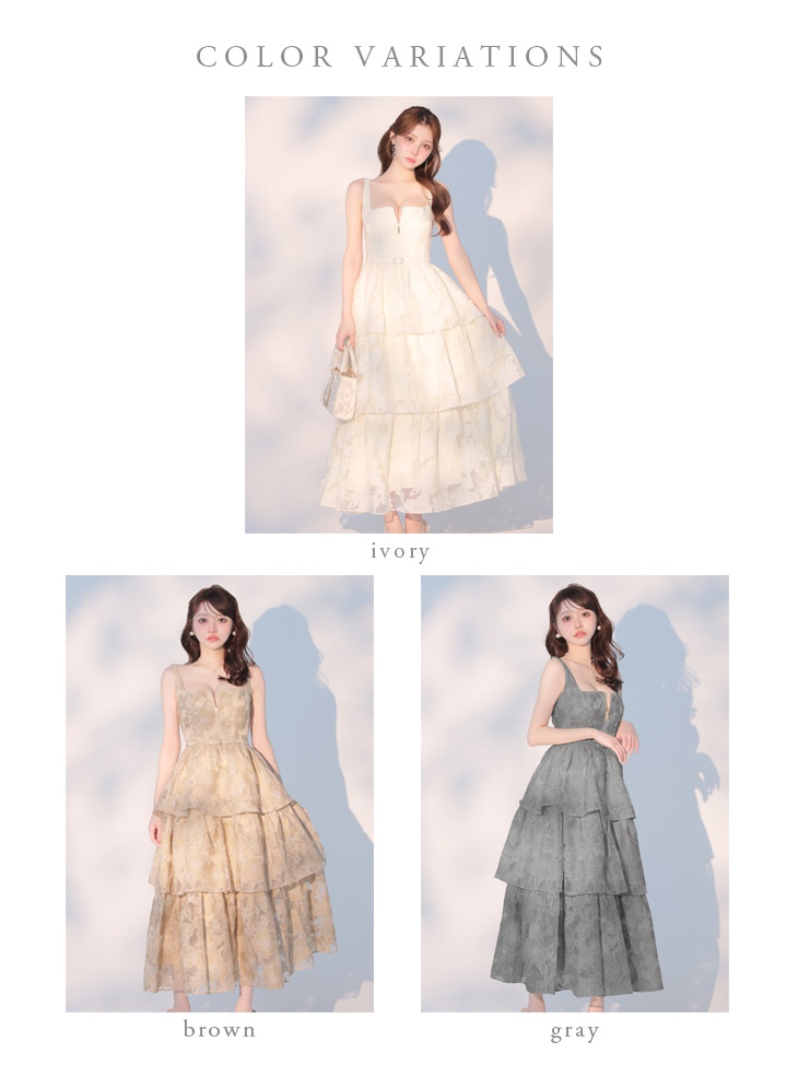 ノースリーブ オーガンジ ティアード ジップデザイン ウエストベルト フラワー フレアロングドレスのイメージ画像6