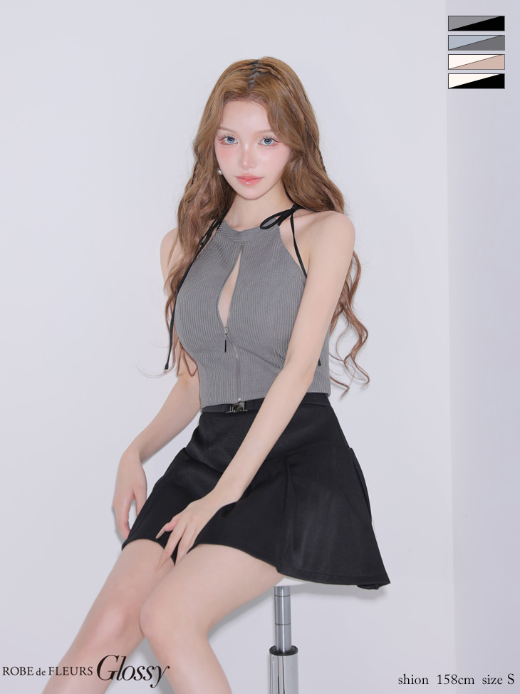 セットアップ リボン ノースリーブ バックルベルト リブ ジップデザイン フレアミニドレスのイメージ画像1